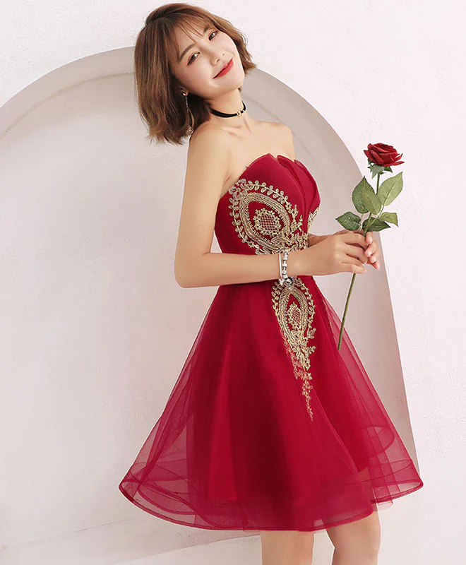 Burgundy Tulle Lace Short Prom Dress, Burgundy Homecoming Dress - Deanwangkt