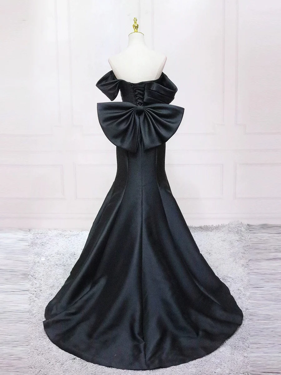 Mermaid Off Shoulder Satin Black Long Prom Dress, Black Long Formal Dress - Deanwangkt