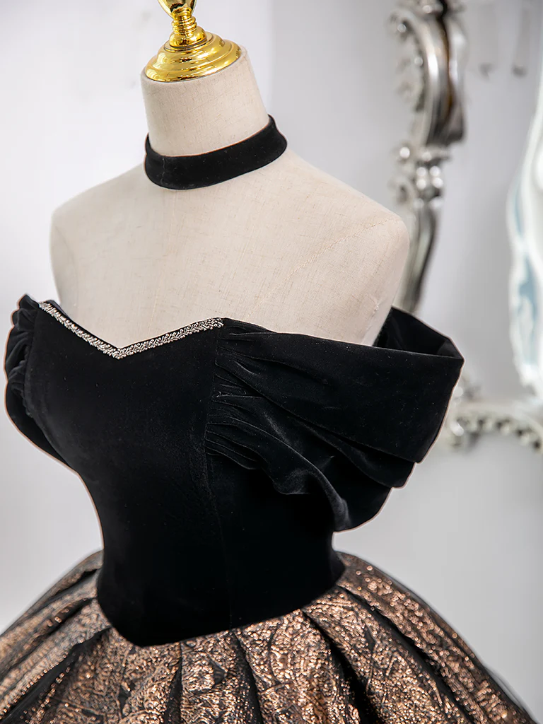 A-Line Off Shoulder Tulle Velvet Black Long Prom Dress, Black Long Formal Dress - Deanwangkt