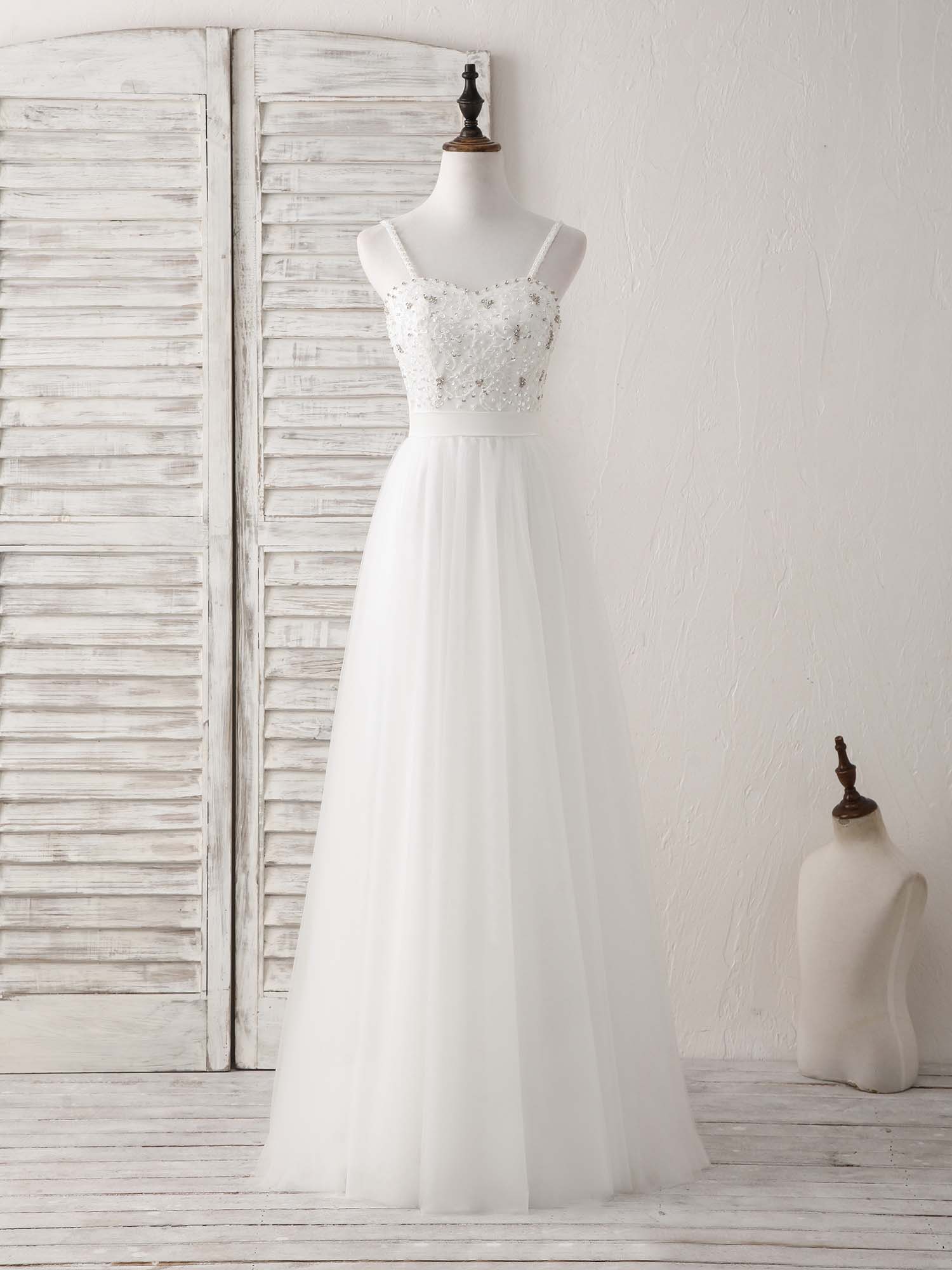 White Sweetheart Neck Tulle Beads Long Prom Dress White Evening Dress - Deanwangkt
