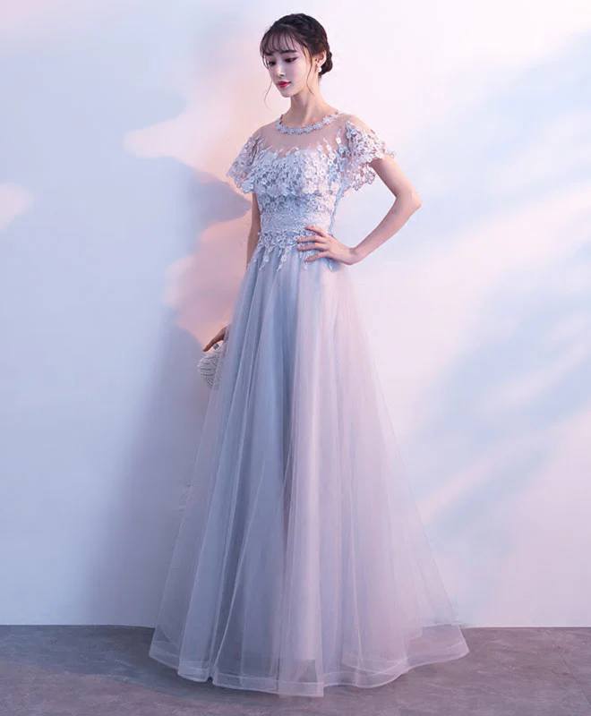 Unique Gray Tulle Long Prom Dress, Lace Evening Dress - Deanwangkt