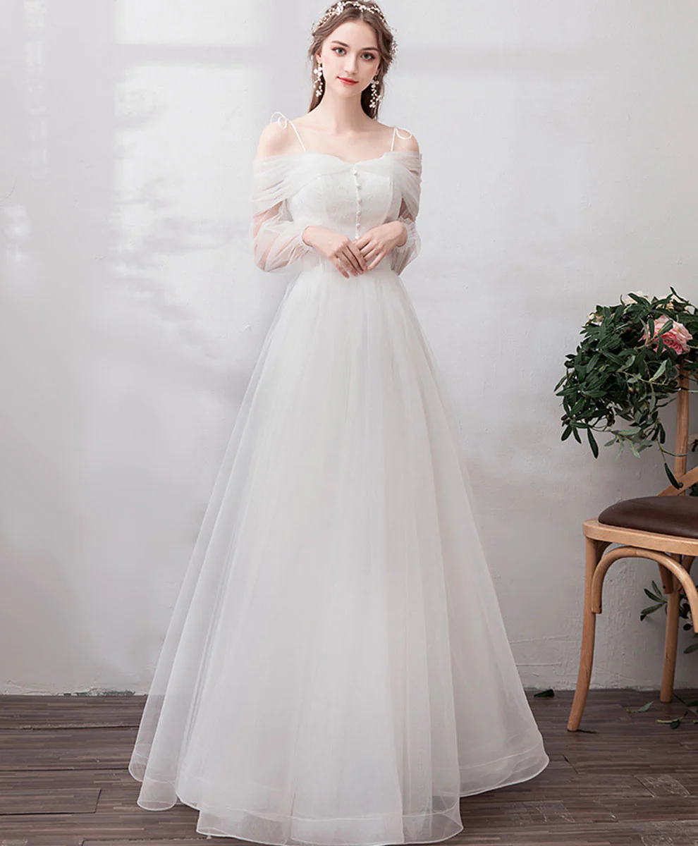 White Sweetheart Tulle Long Prom Dress White Formal Dress - Deanwangkt