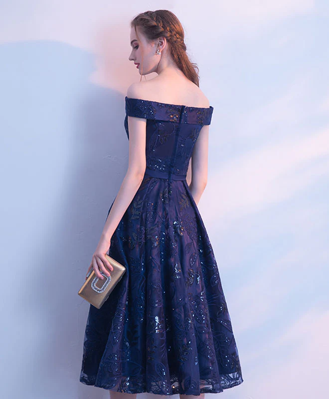 Dark Blue Lace Sequins Short Prom Dress, Evening Dress - Deanwangkt