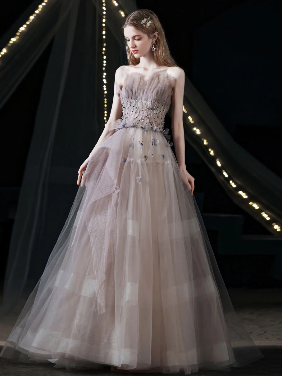 Unique Tulle Beads Long Prom Dress, Light Purple Tulle Evening Dress - Deanwangkt