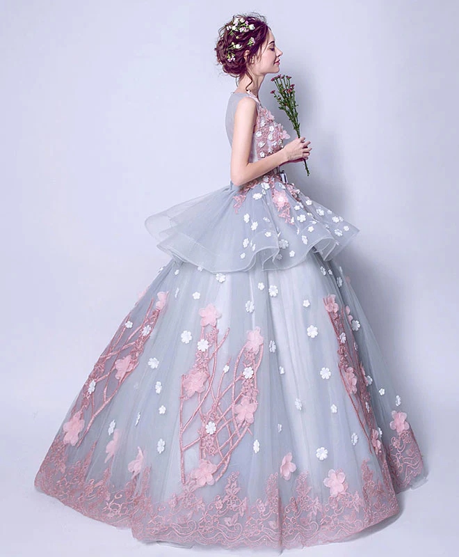 Unique Round Neck Tulle Lace Long Prom Dress, Gray Evening Dress - Deanwangkt