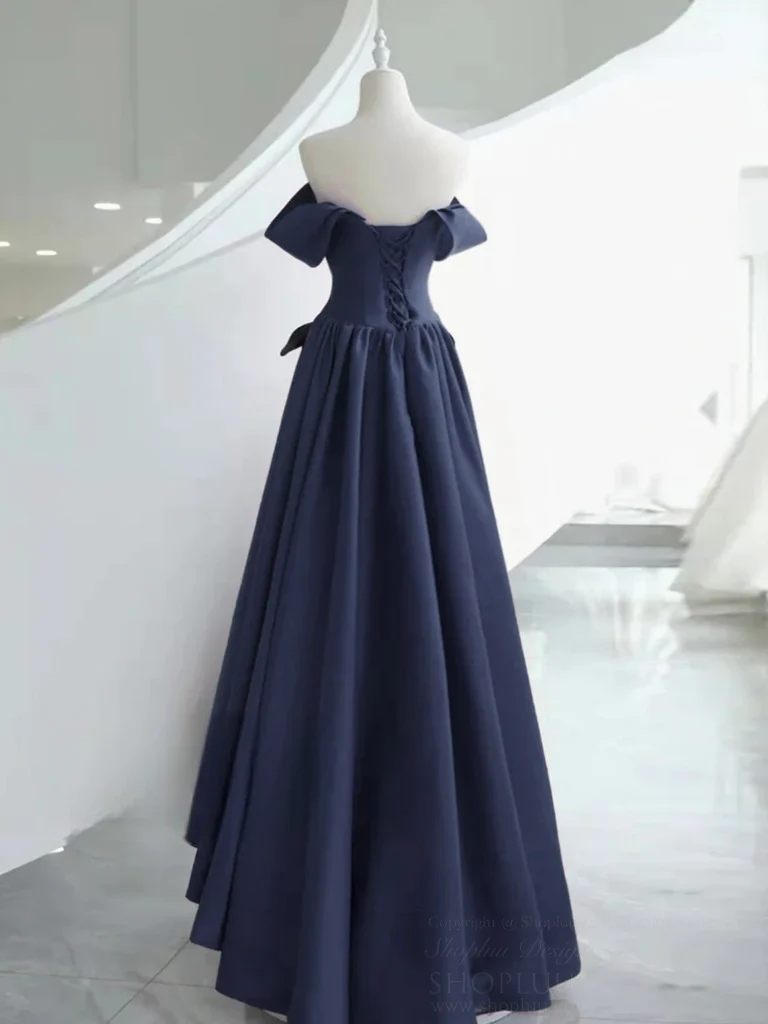 A-Line Satin Dark Blue Long Prom Dress, Dark Blue Long Formal Dress - Deanwangkt