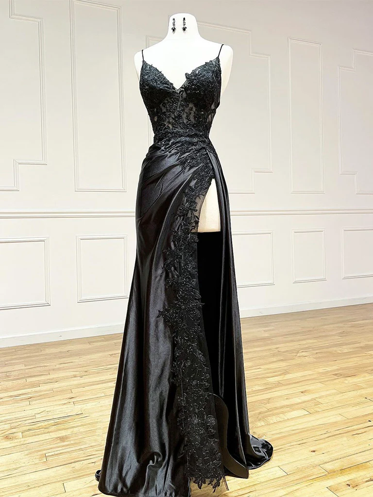 Black V Neck Satin Lace Long Prom Dress, Black Lace Long Evening Dress - Deanwangkt
