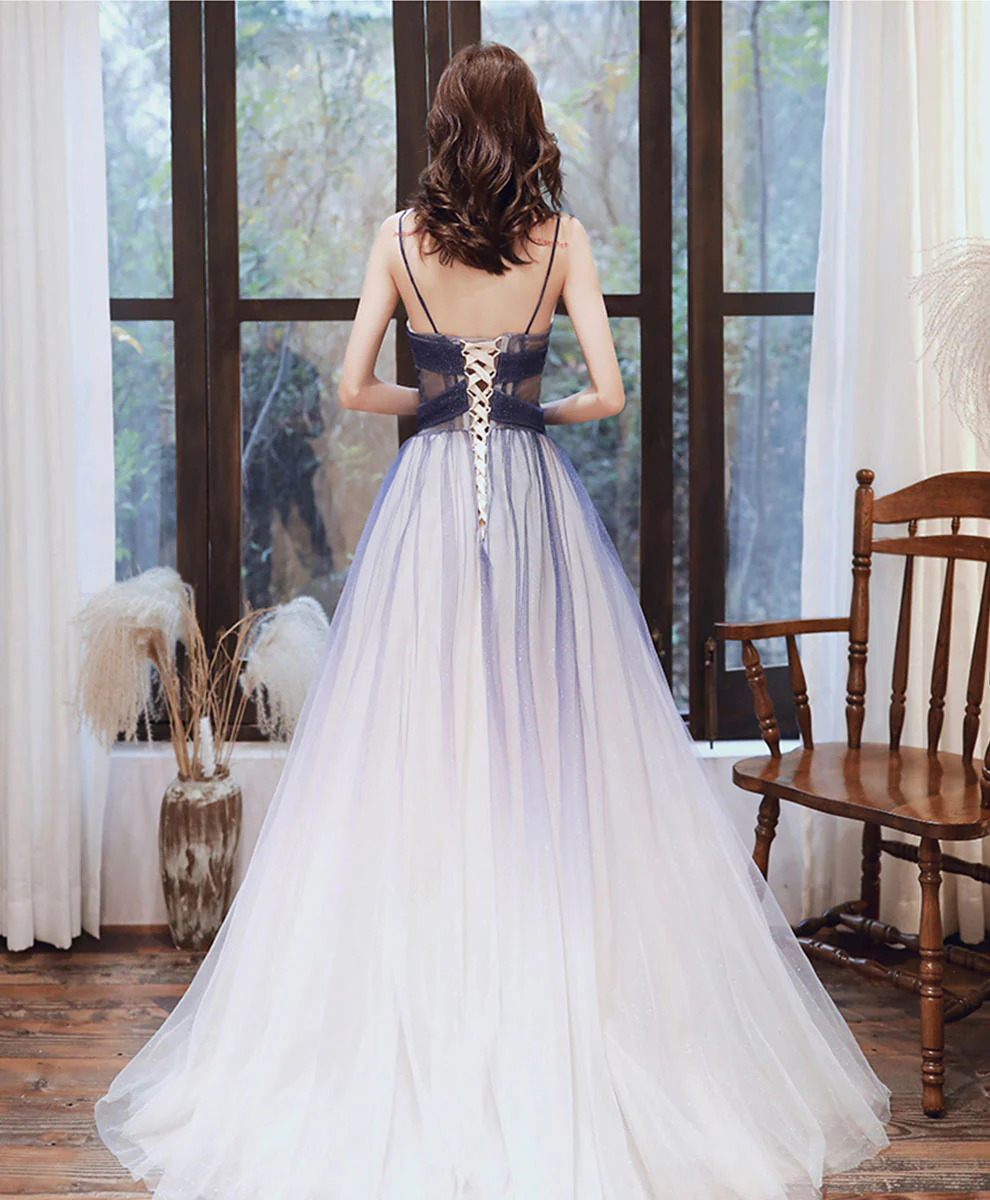 Blue V Neck Tulle Long Prom Dress Blue Tulle Evening Dress - Deanwangkt