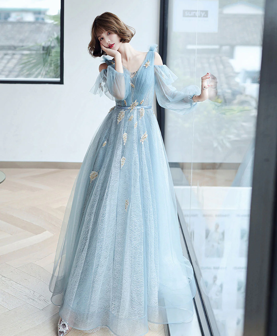 Blue V Neck Tulle Lace Long Prom Dress Blue Lace Formal Dress - Deanwangkt