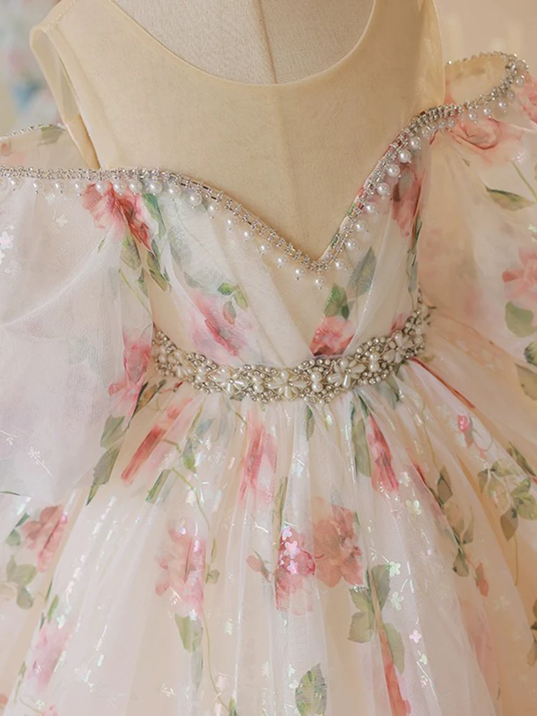 A-Line Off Shoulder Tulle Lace Champagne Long Flower Girl Dress - Deanwangkt
