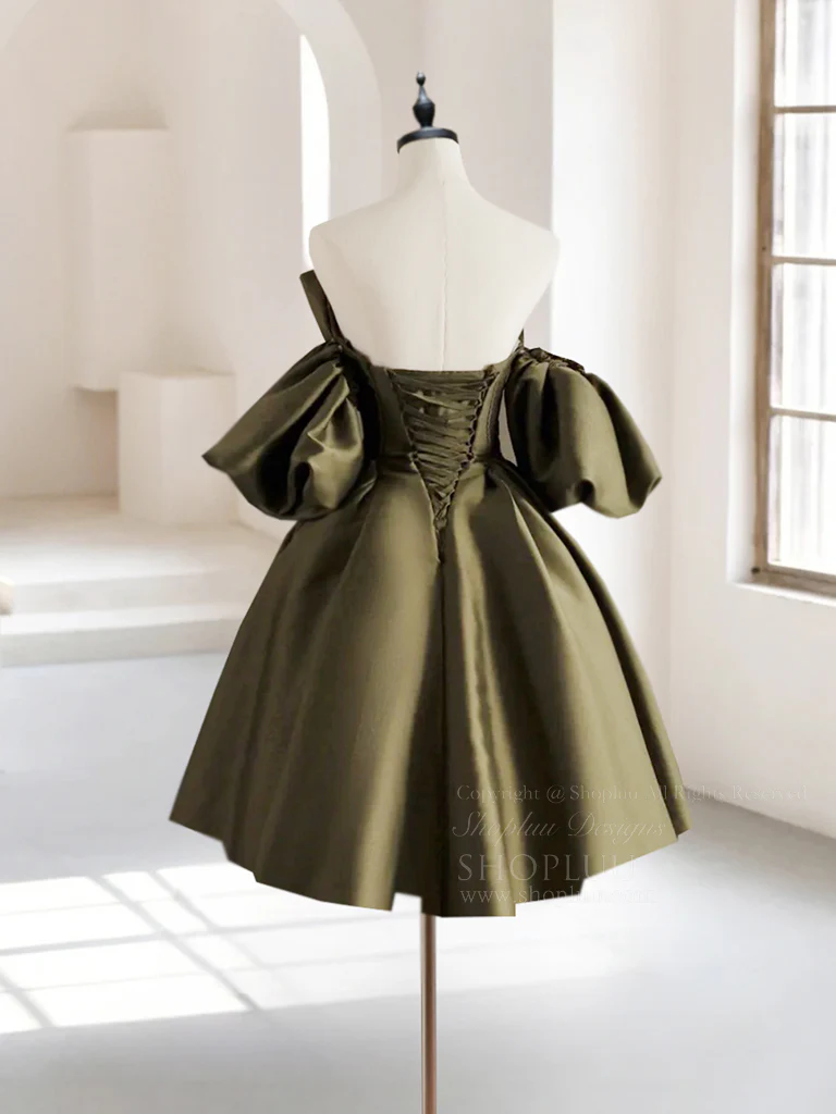 A-Line Puff Sleeves Olive Green Satin Short Prom Dress, Olive Green Homecoming Dress - Deanwangkt