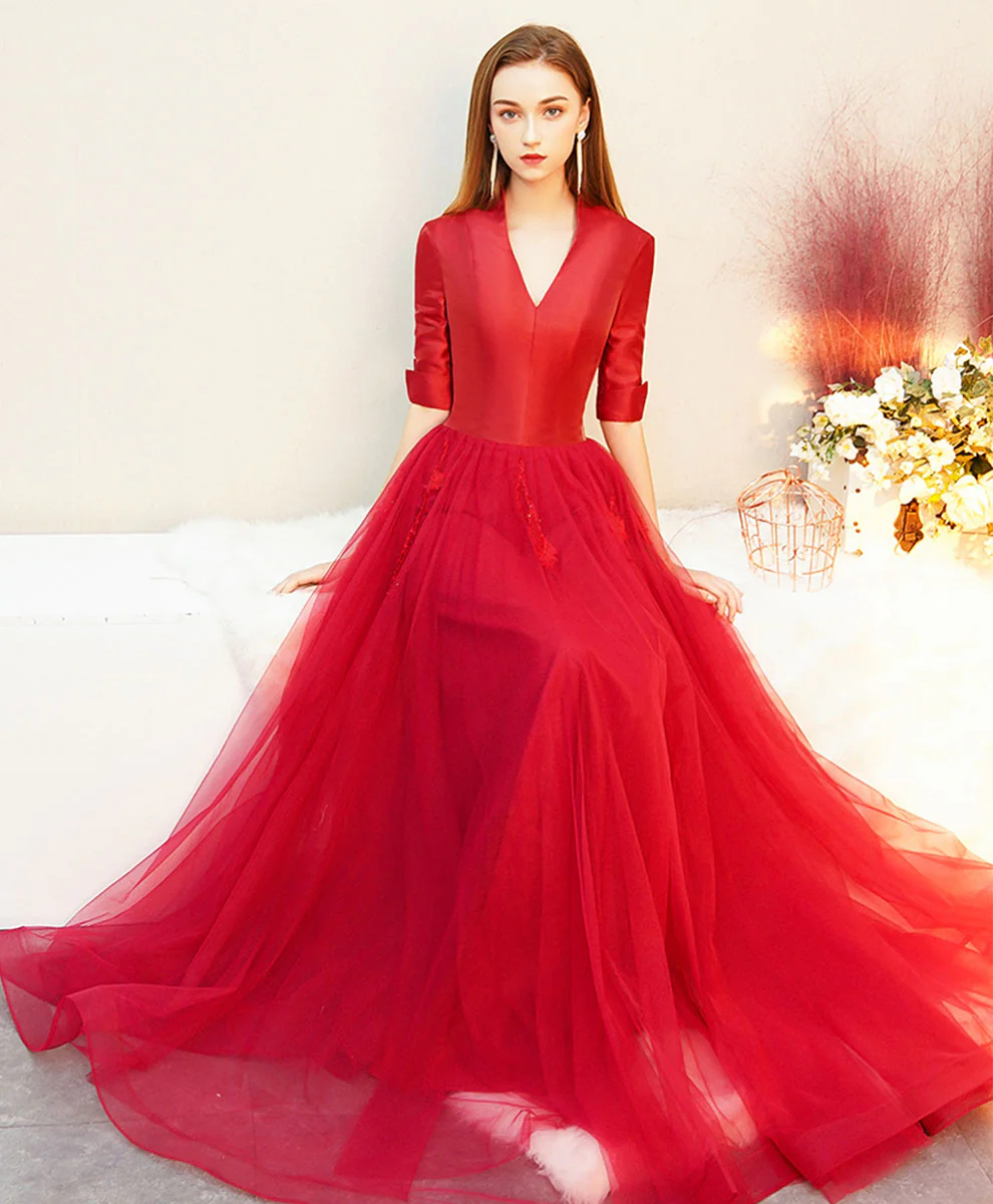 Red V Neck Satin Long Prom Dress, Red Tulle Formal Dress - Deanwangkt