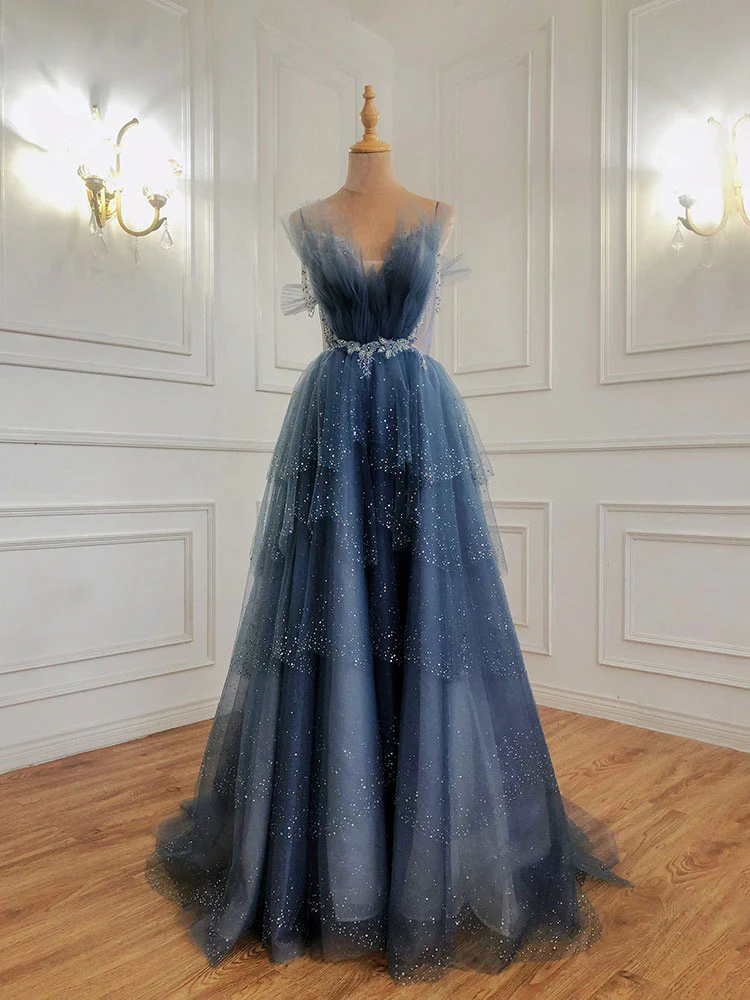 Gray Blue Tulle Beads Long Prom Dress, Blue Tulle Formal Dress - Deanwangkt
