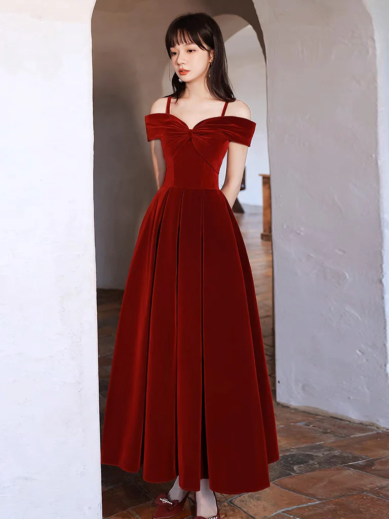 Simple Off Shoulder A-Line Tea Length Velvet Burgundy Prom Dress - Deanwangkt