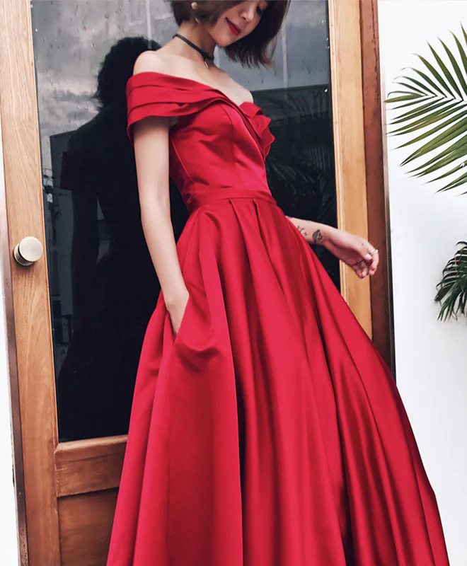 Burgundy V Neck Off Shoulder Long Prom Dress, Evening Dress - Deanwangkt