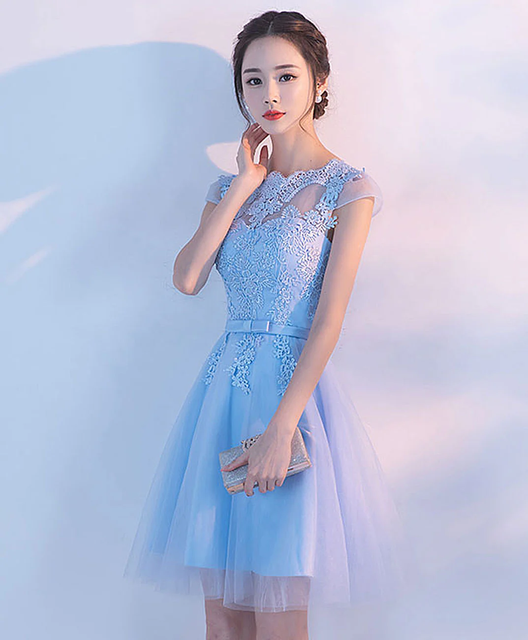 Light Blue A Line Tulle Lace Short Prom Dress, Homecoming Dress - Deanwangkt
