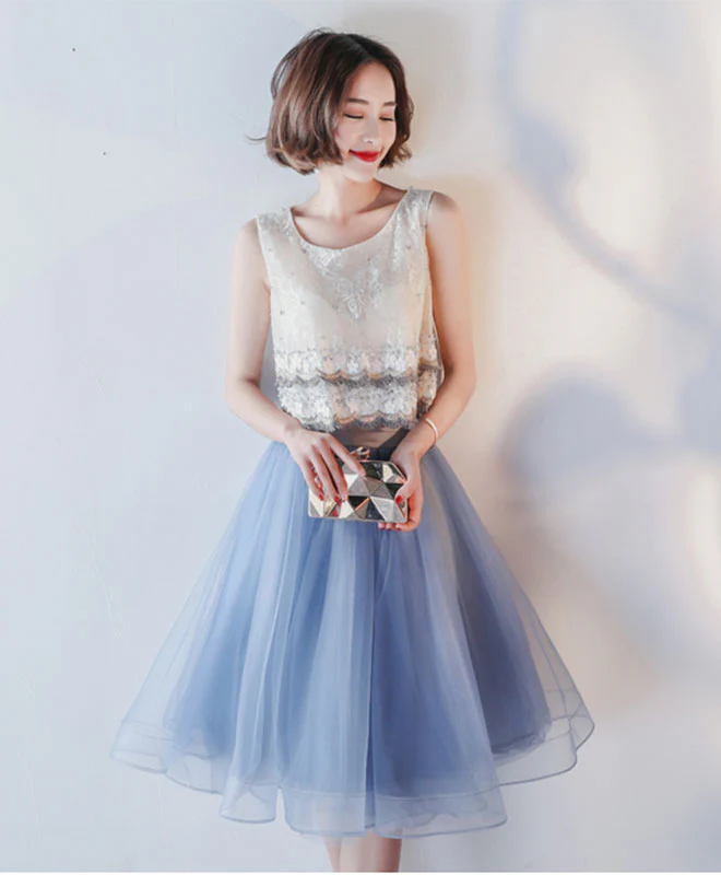Blue Lace Tulle Knee Length Prom Dress, Blue Lace Homecoming Dress - Deanwangkt