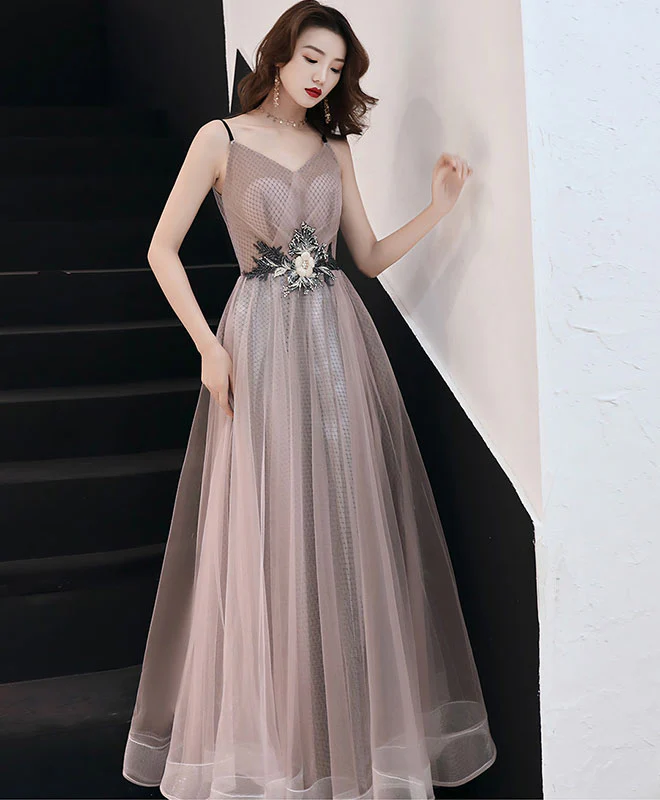 Champagne V Neck Tulle Long Prom Dress, Evening Dress - Deanwangkt