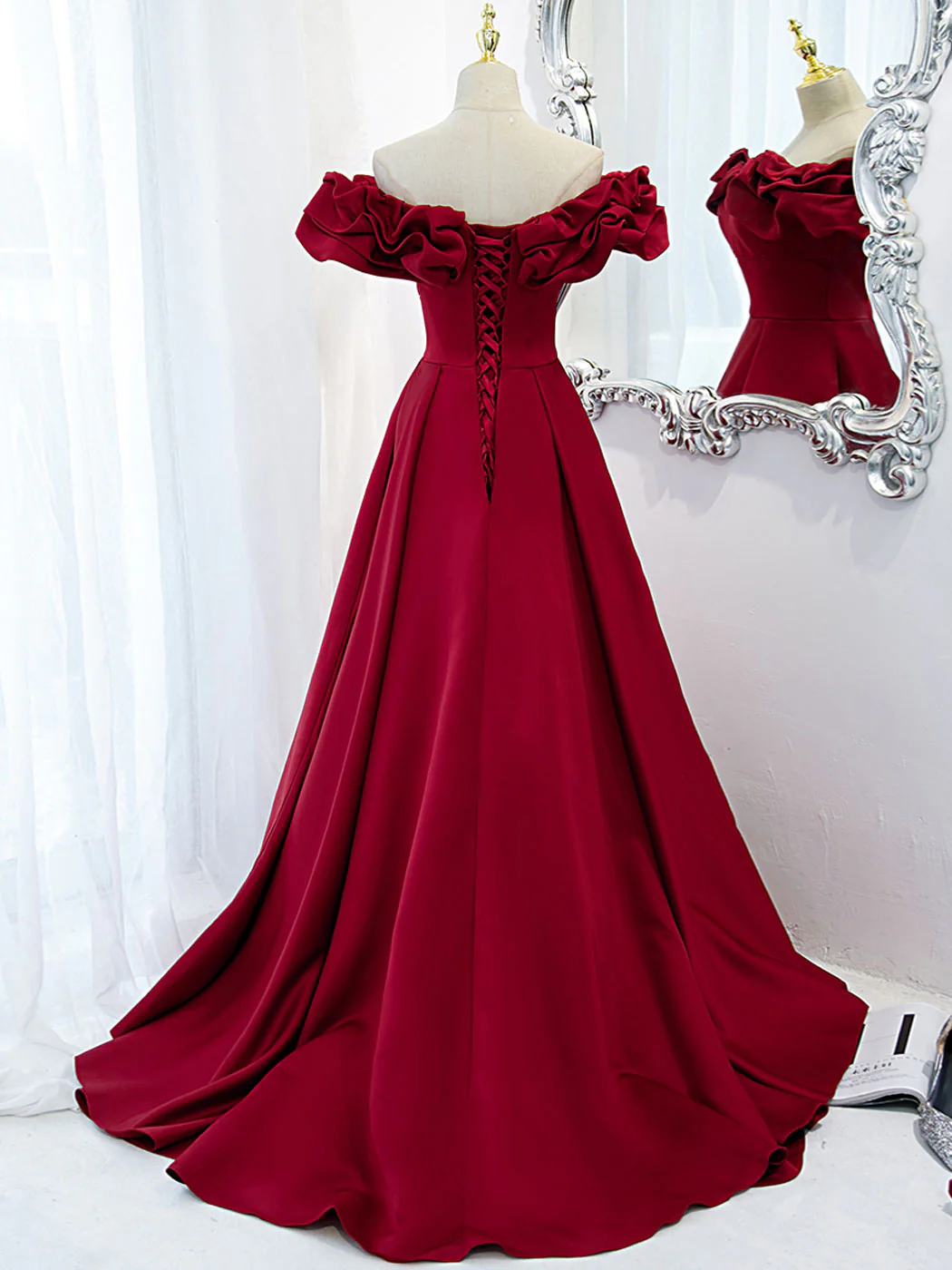 Burgundy Off Shoulder Satin Long Prom Dress, Burgundy Formal Evening Dress - Deanwangkt