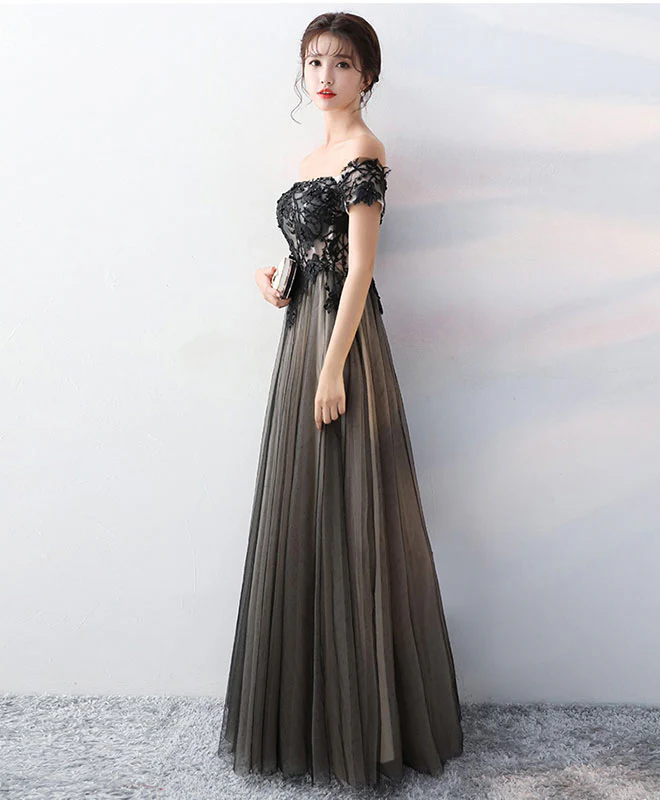 Black Lace Tulle Long Prom Dress, Black Formal Party Dress - Deanwangkt