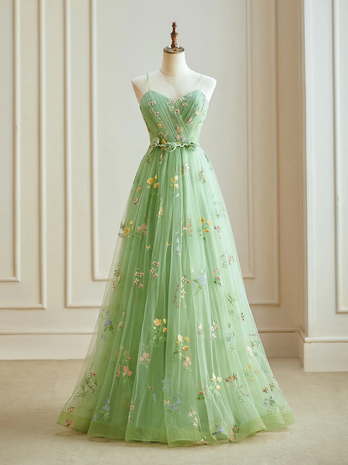 A-Line Sweetheart Neck Tulle Lace Green Long Prom Dress, Green Lace Long Formal Dress - Deanwangkt