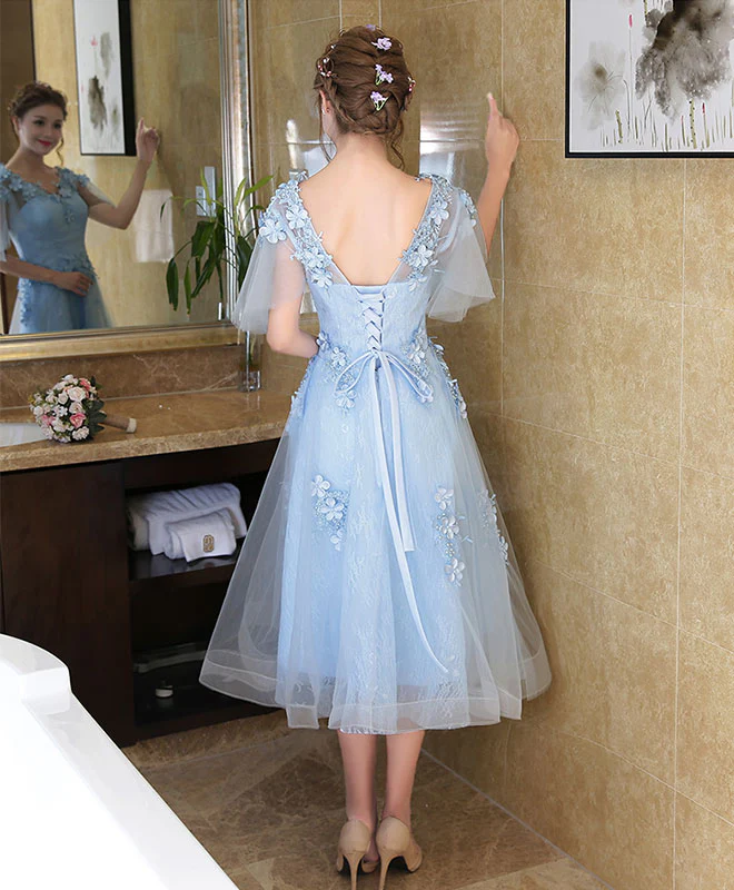 Cute V Neck Lace Short Prom Dress, Evening Dress - Deanwangkt