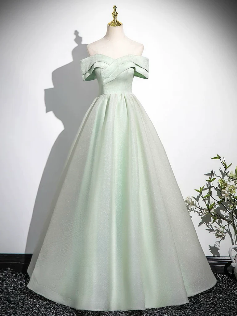 A-Line Off Shoulder Tulle Green Long Prom Dress, Green Long Formal Dress - Deanwangkt