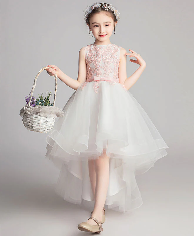 White Round Neck Tulle Lace High Low Prom Dress, Lace Flower Girl Dress - Deanwangkt