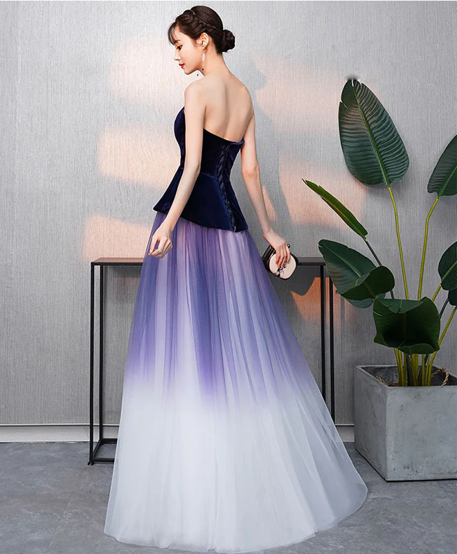 Simple V Neck Tulle Purple Long Prom Dress, Purple Evening Dress - Deanwangkt