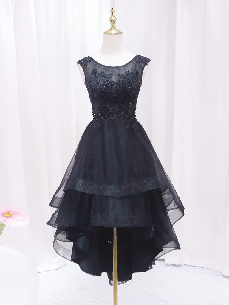 A-Line Lace Tulle Black Short Prom Dress, High Low Black Homecoming Dress - Deanwangkt