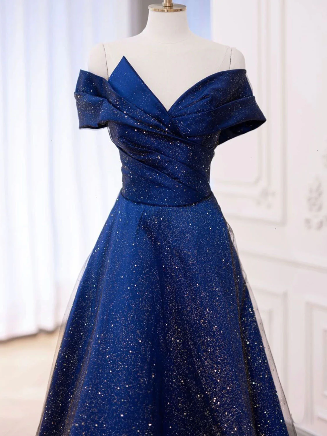 Simple Tulle Satin Dark Blue Long Prom Dress, Blue Formal Evening Dress - Deanwangkt