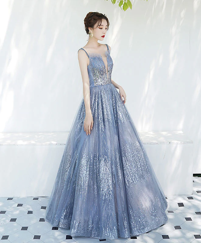 Blue Tulle Sequin Off Shoulder Long Prom Dress Tulle Evening Dress - Deanwangkt