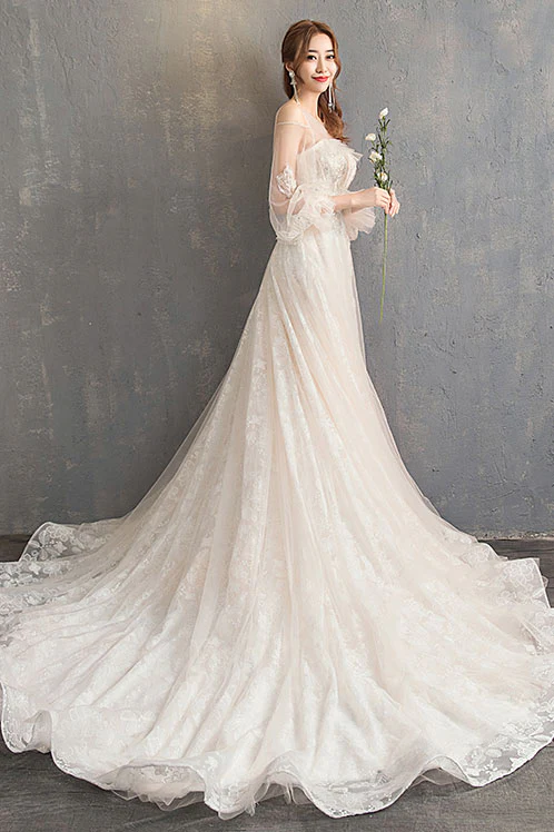 Unique Tulle Lace Long Wedding Dress, Tulle Lace Bridal Dress - Deanwangkt