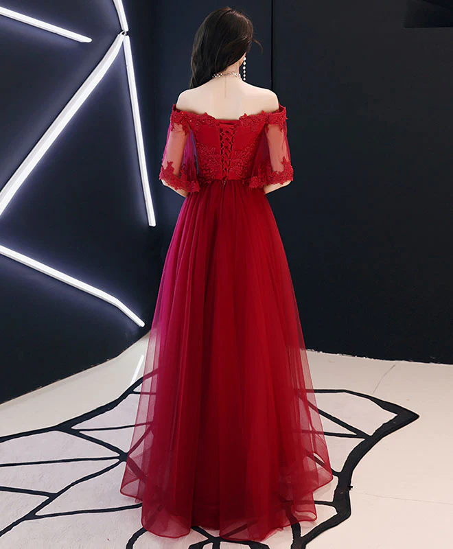 Simple Tulle Lace Long Burgundy Prom Dress, Burgundy Tulle Evening Dress - Deanwangkt