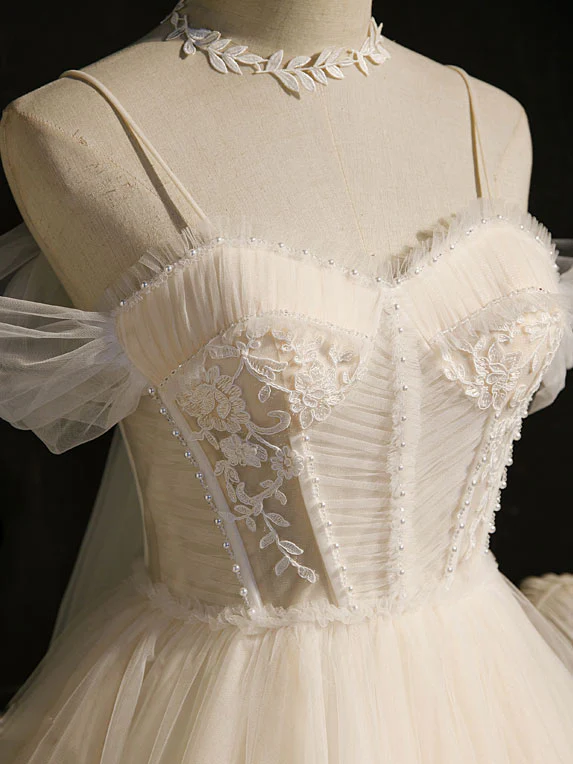 Light Champagne Tulle Short Prom Dress, Puffy Tulle Lace Homecoming Dress - Deanwangkt