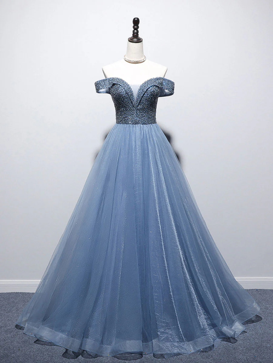Blue Sweetheart Neck Beads Long Prom Dress, Blue Tulle Formal Dress With Beading Sequin - Deanwangkt