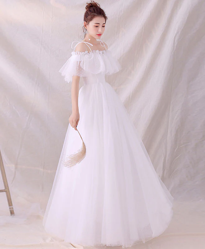 White Tulle Long Prom Dress, White Tulle Lace Evening Dress - Deanwangkt