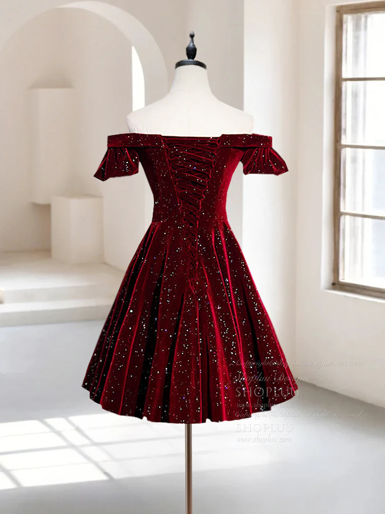 A-Line Off Shoulder Velvet Burgundy Short Prom Dress, Burgundy Homecoming Dress - Deanwangkt