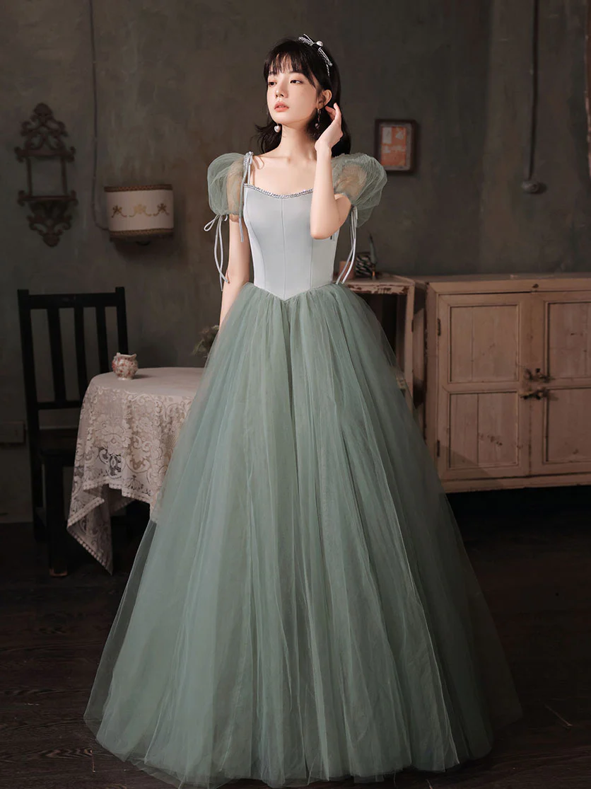 Gray Green Tulle Long Prom Dress, Green Tulle Formal Dress - Deanwangkt
