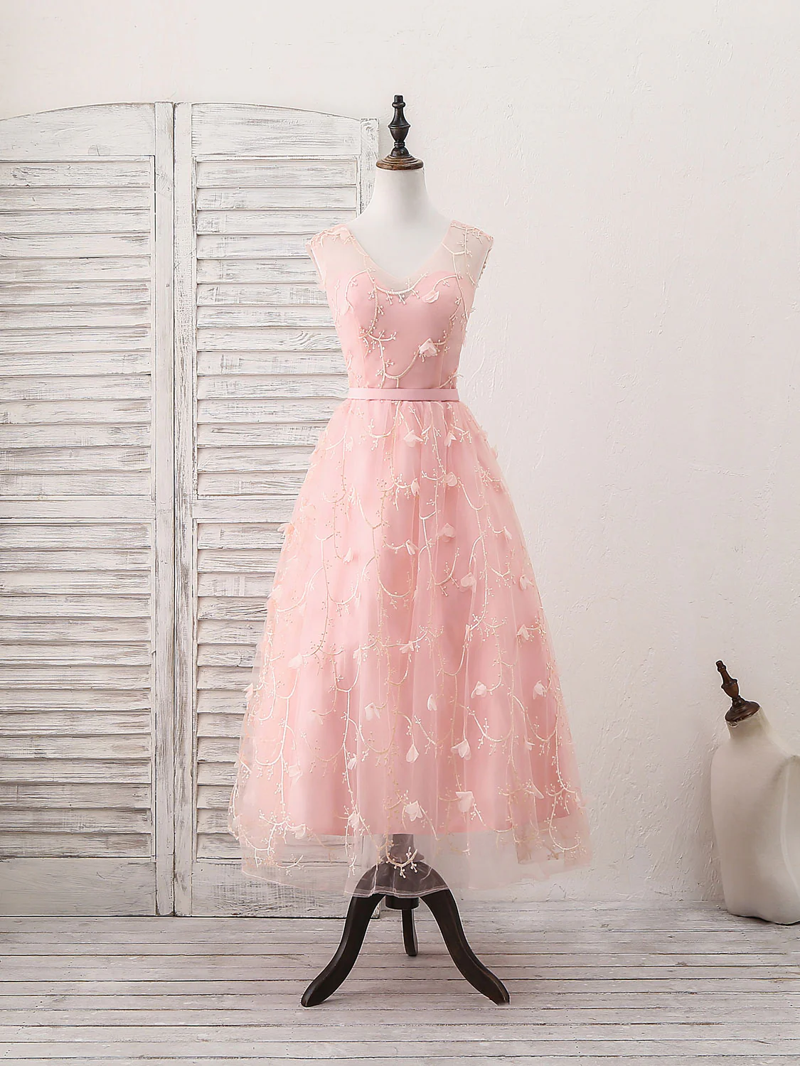 Pink Tulle Lace Tea Length Prom Dress, Pink Homecoming Dress - Deanwangkt