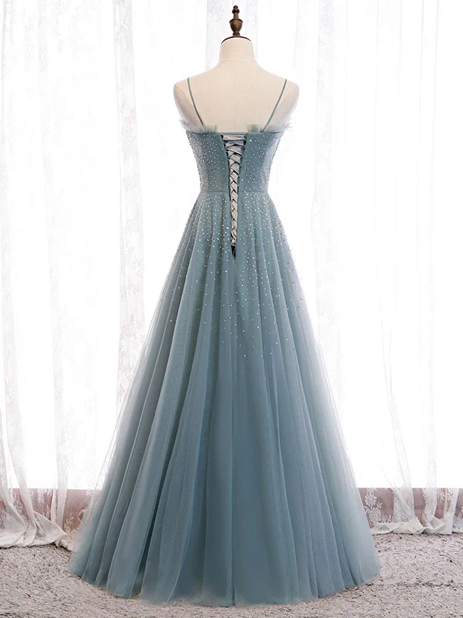 Green Sweetheart Neck Tulle Sequin Long Prom Dress Green Evening Dress - Deanwangkt