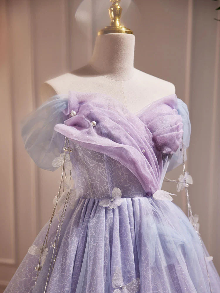 Purple Off Shoulder  Tulle Short Prom Dress, Purple Homecoming Dress - Deanwangkt