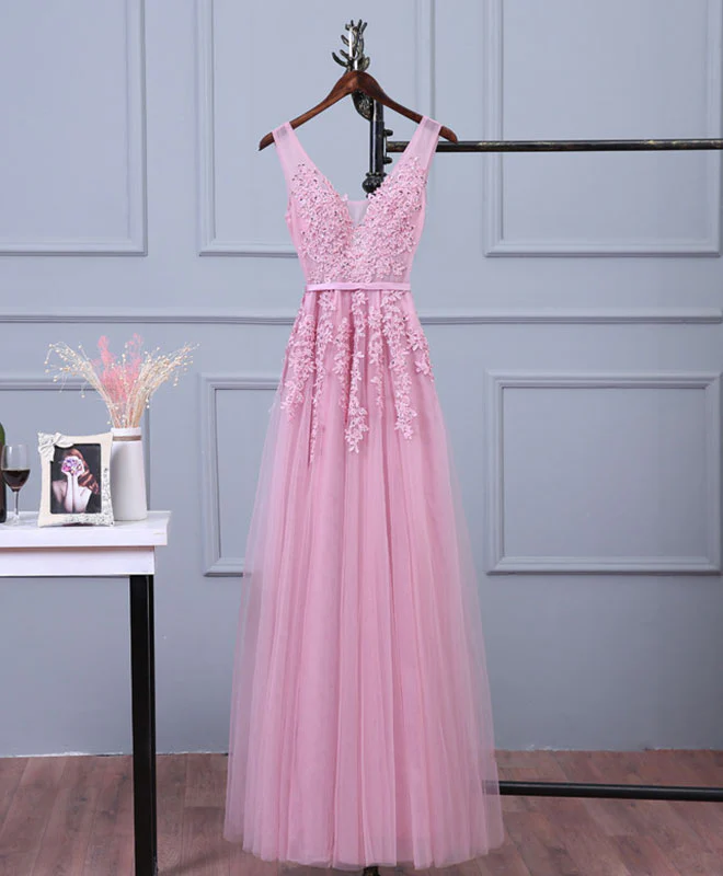 Pink V Neck Lace Tulle Long Prom Dress, Lace Evening Dresses - Deanwangkt