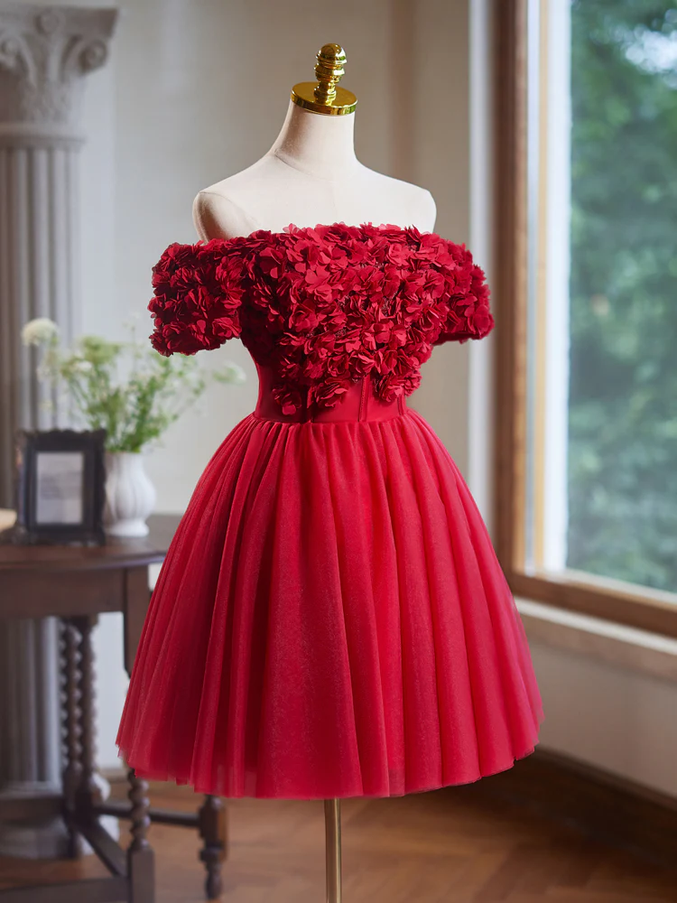 A-Line Tulle Lace Applique Red Short Prom Dress, Red Homecoming Dress - Deanwangkt