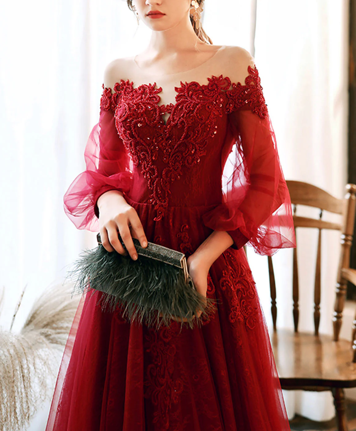 Burgundy Round Neck Tulle Beads Long Prom Dress Burgundy Evening Dress - Deanwangkt