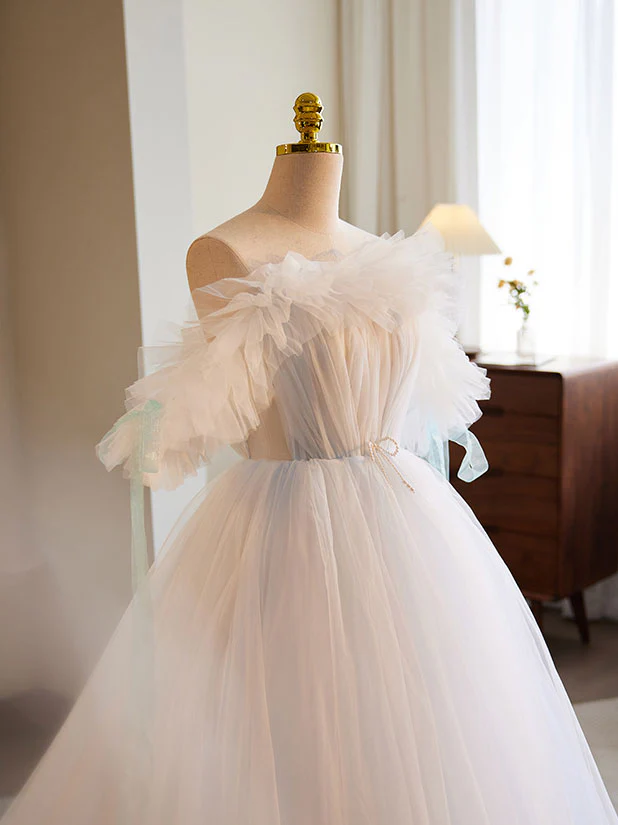 White A-Line Tulle Long Prom Dress, White Formal Dress - Deanwangkt