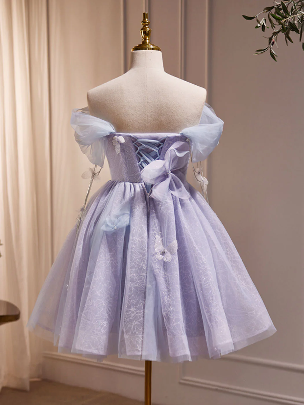 Purple Off Shoulder  Tulle Short Prom Dress, Purple Homecoming Dress - Deanwangkt