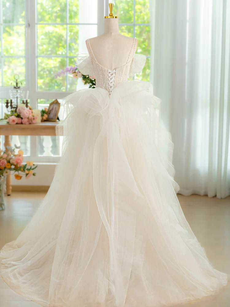 Sweetheart Neck Tulle Beads Light Champagne Long Prom Dress, Light Champagne Formal Dress - Deanwangkt