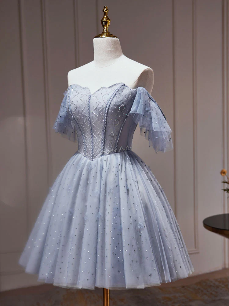 A-Line Gray Blue Tulle Short Prom Dress. Cute Gray Blue Homecoming Dress - Deanwangkt