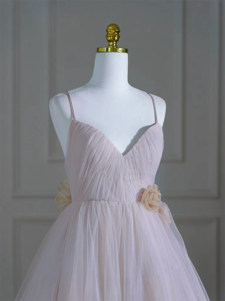 A-Line V Neck Tulle Pink Long Prom Dress, Pink Tulle Long Formal Dress - Deanwangkt